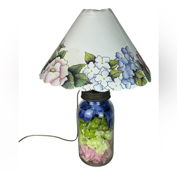 Vintage Mason Jar Lamp Hydrangea Floral Hand Crafted  21” with  Lamp Shade 1999 - Picture 10 of 16